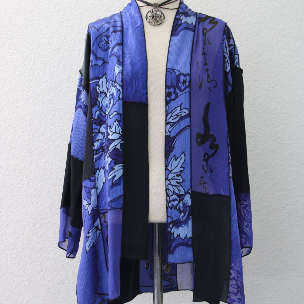 vintage blue and black silk maximalist kimono style cardigan